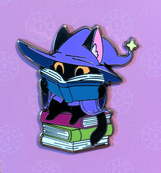 Wizard Cat on Pile of Books Hard Enamel Pin -1.5"