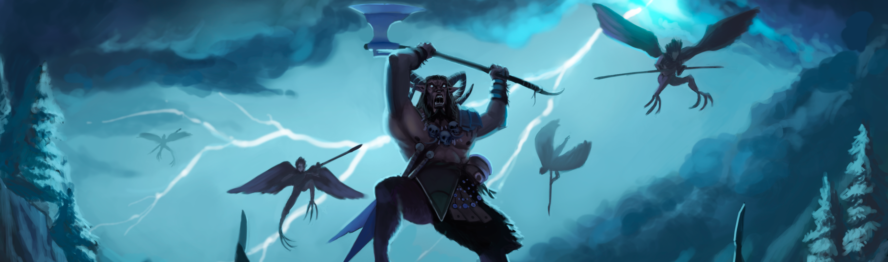 Illustration of a warrior with a sword surrounded by creatures and a dark, stormy sky.