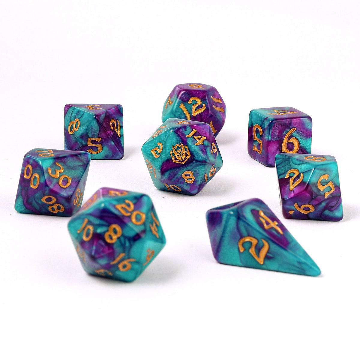 Wyrmforged Rollers - Rounded Edge 8 Piece Polyhedral Dice set - Frostbloom
