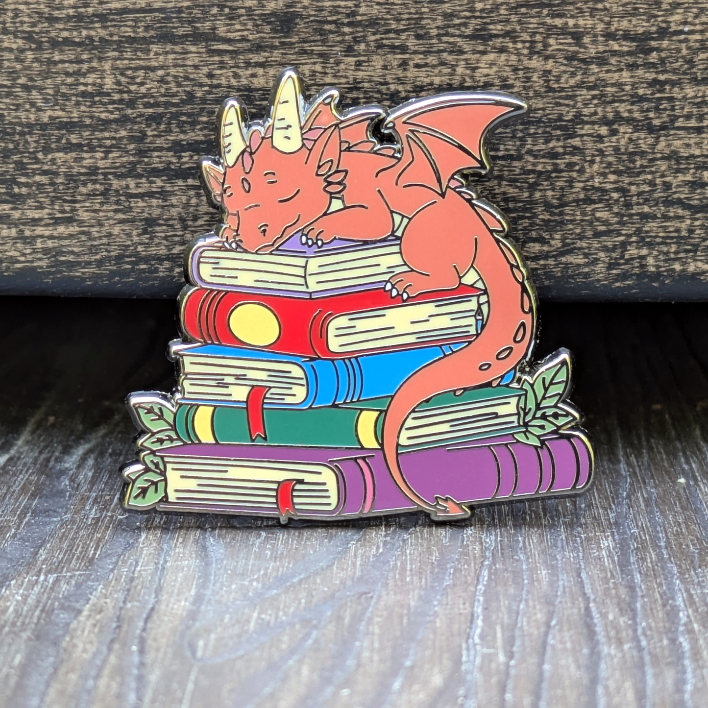 Dragon Sleeping on Top of Books Enamel Pin - 1.5"